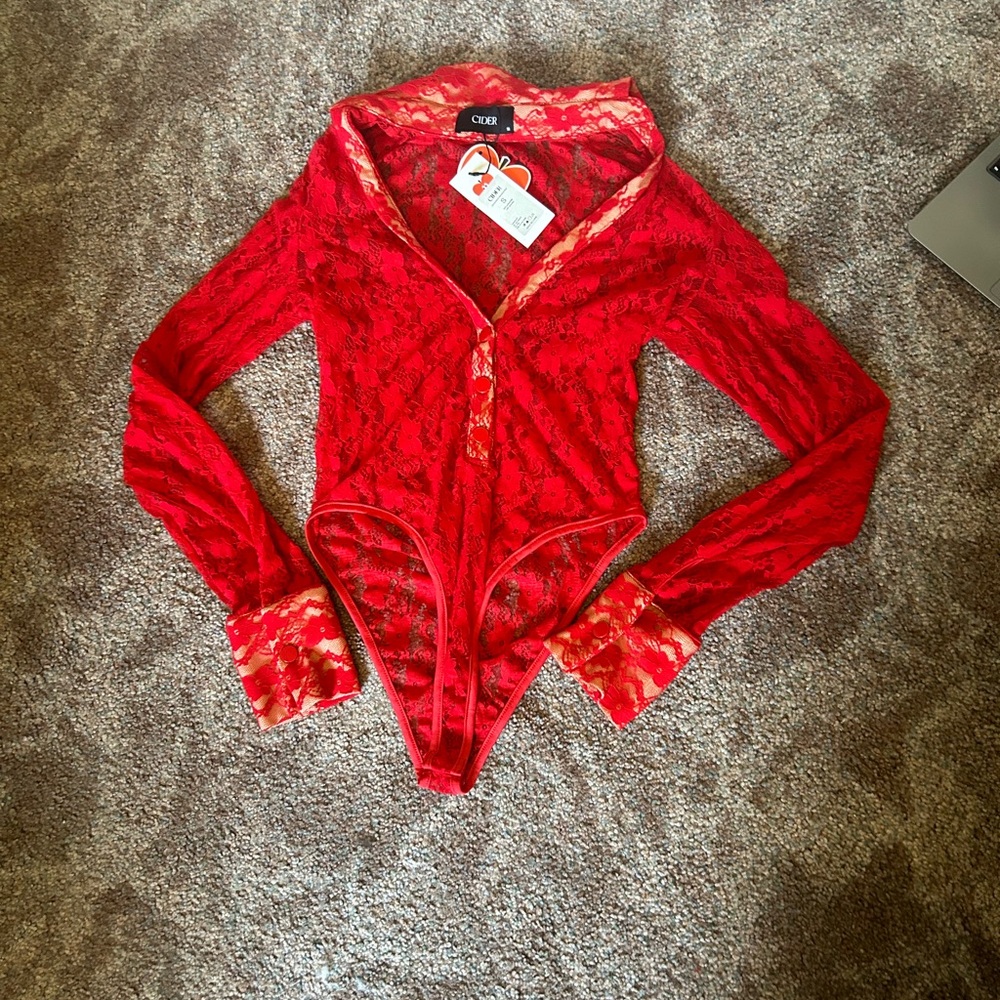 red lace see through body suit